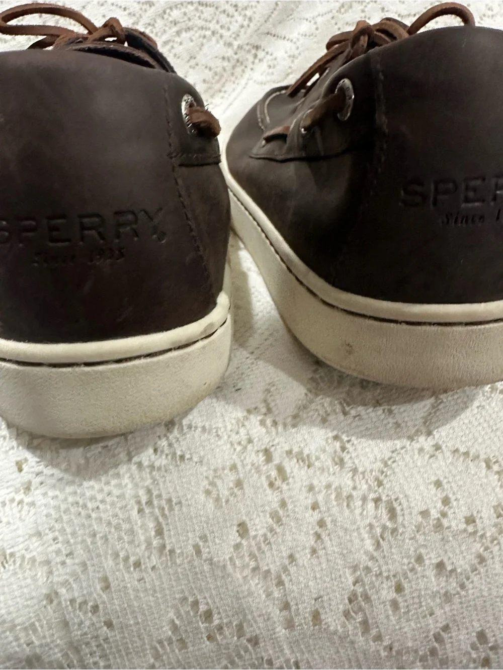 Sperry Dark Brown Leather Moc Toe Boat Shoes with Tan Laces size 11